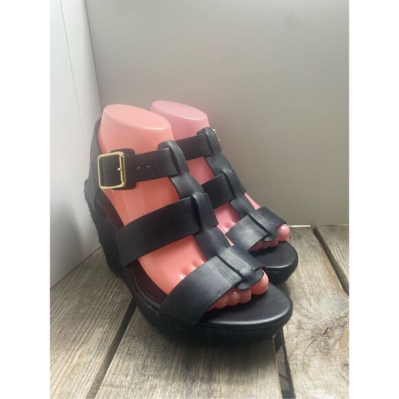 Clarks Black Leather Wedge Sandals Women’s Size 8 Strappy Espadrille Platform Sh - Picture 1 of 7